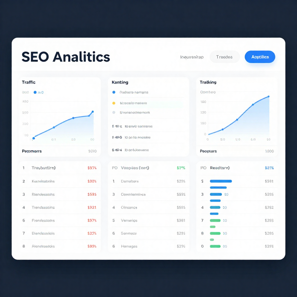 SEO analytics dashboard showing keyword rankings and traffic growth